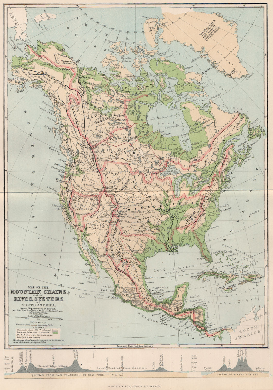 NORTH AMERICA. Map Mountain Chains & river systems of 1886 old antique